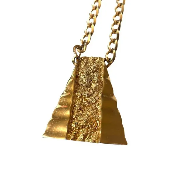 Vintage Gold Pyramid Nugget Necklace, Gold Pendant Necklace, Large Statement - Picture 2 of 10